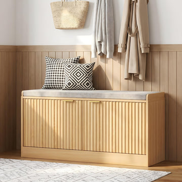2-Tier Fluted Shoe Storage Bench with Adjustable Shelves and Cushion, Oak丨Entryway Shoe Bench Hidden Shoe Cabinet