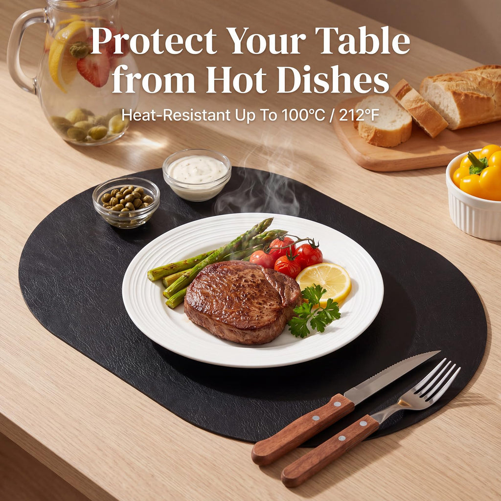 Oval Placemats Set of 4, Wipeable Faux Leather, Black