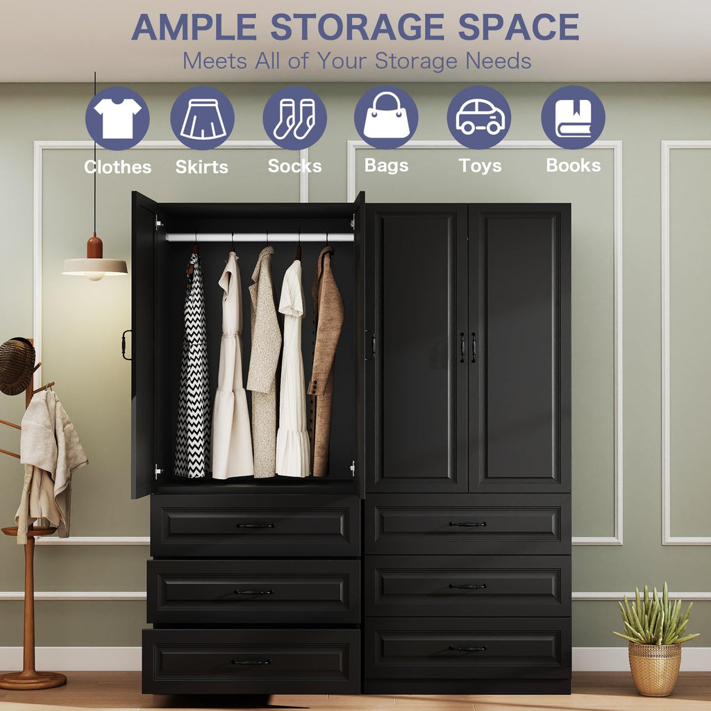 Black Wardrobe Closet with 3 Drawers and 2 Doors, 75" H x 32" W
