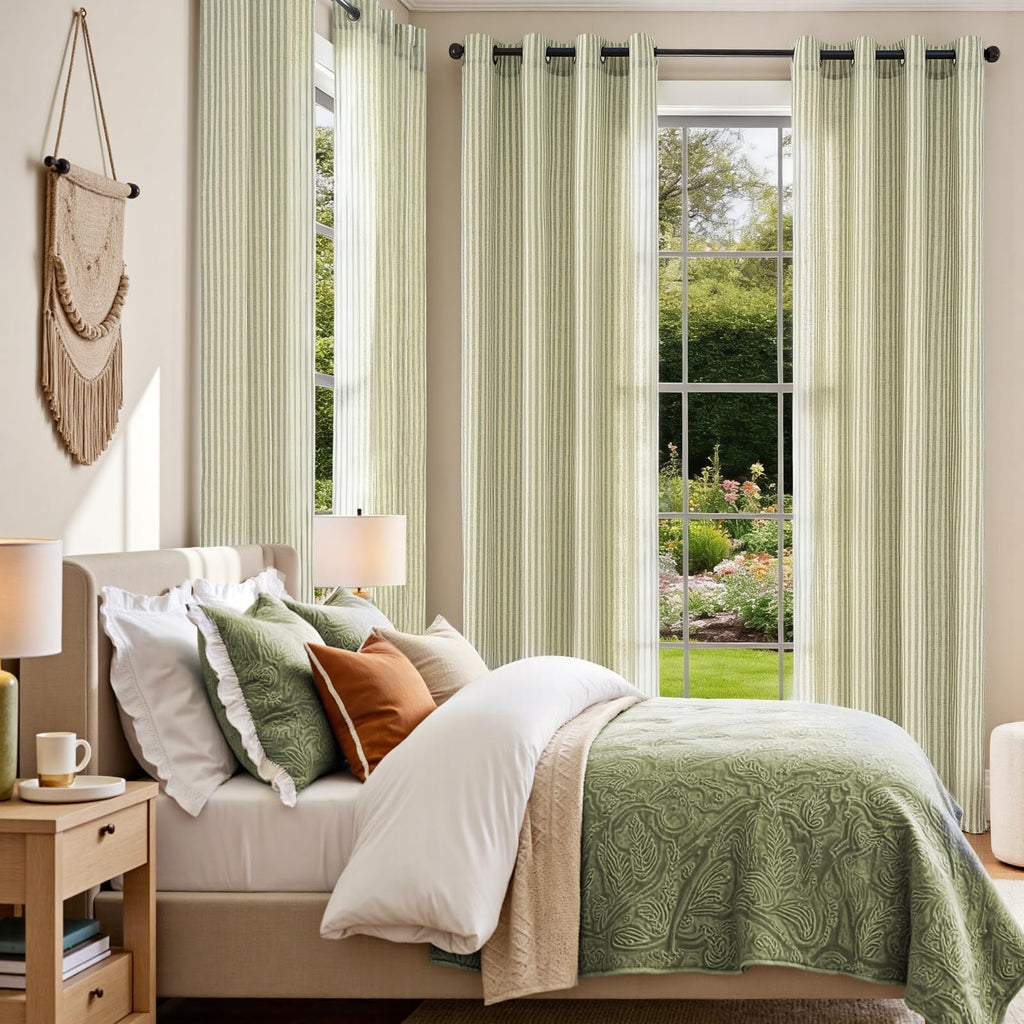 Linen Curtains, Striped Green Curtains 84L, 2 Panels