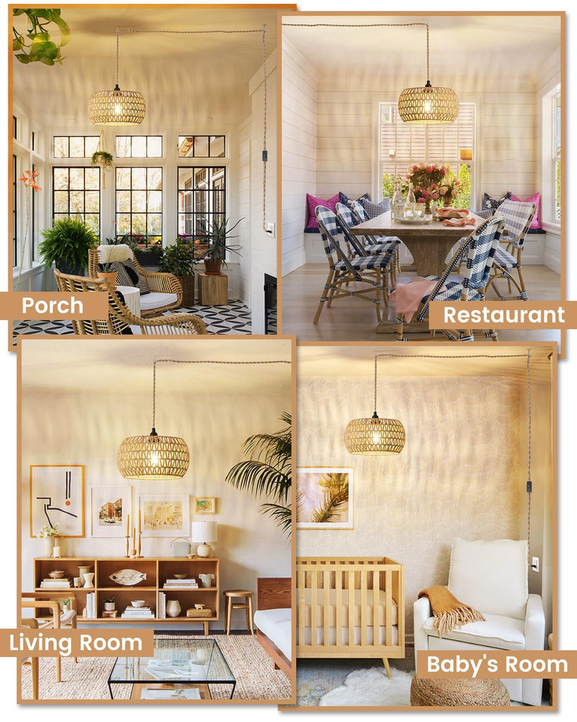 Rattan Boho Hanging Light, 12.6'' Natural Hand Woven Fabric Drum Light, Plug Into Wall Outlet Pendant Light Fixture