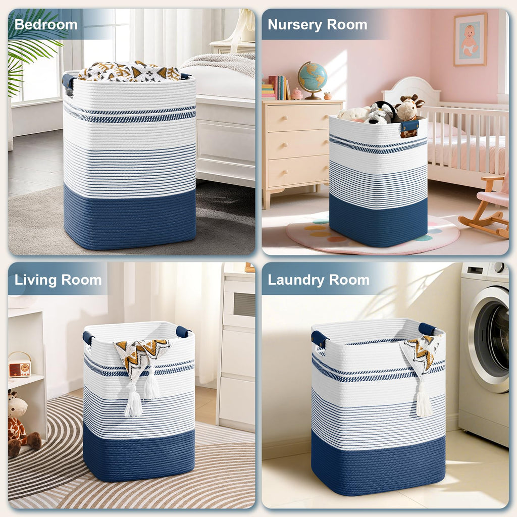 Laundry Hamper, 95L Tall Laundry Basket with Leather Handles, Rectangle Large Clothes Hamper for Organizing, Cotton
