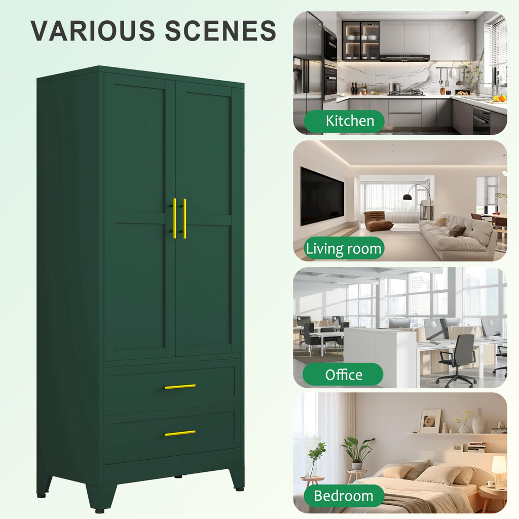 71" Metal Armoire Wardrobe Closet, Tall Clothing Storage Cabinet, Green