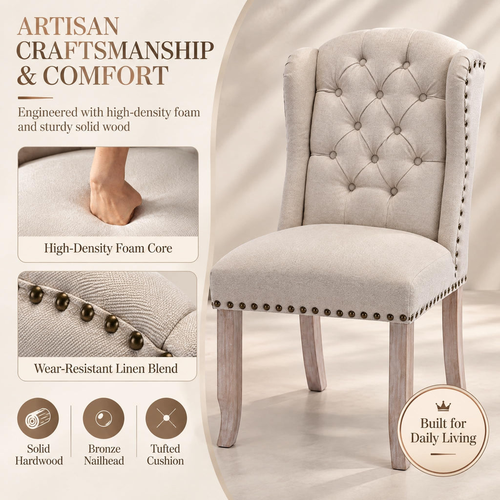Modern Tufted Dining Chairs Set of 2, Linen Upholstered Dining Room Chairs Armless Guest Side Chair Dining Room