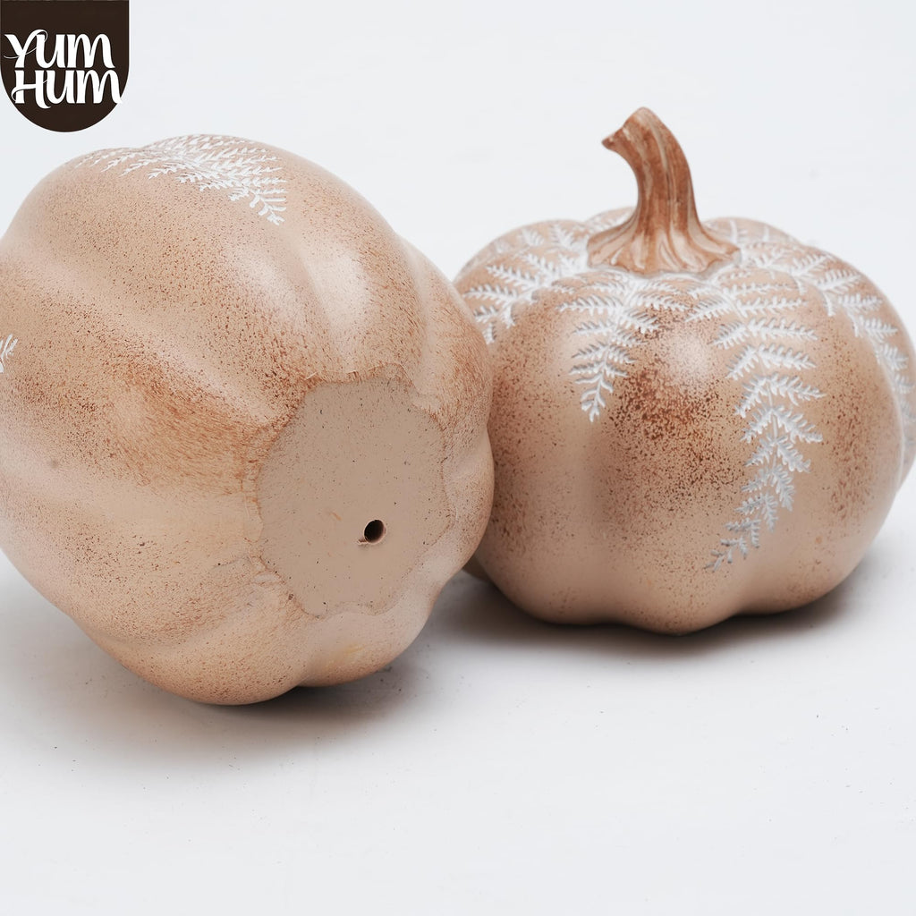2Pcs Resin Pumpkin Figurines, Fern Fall Thanksgiving Decor