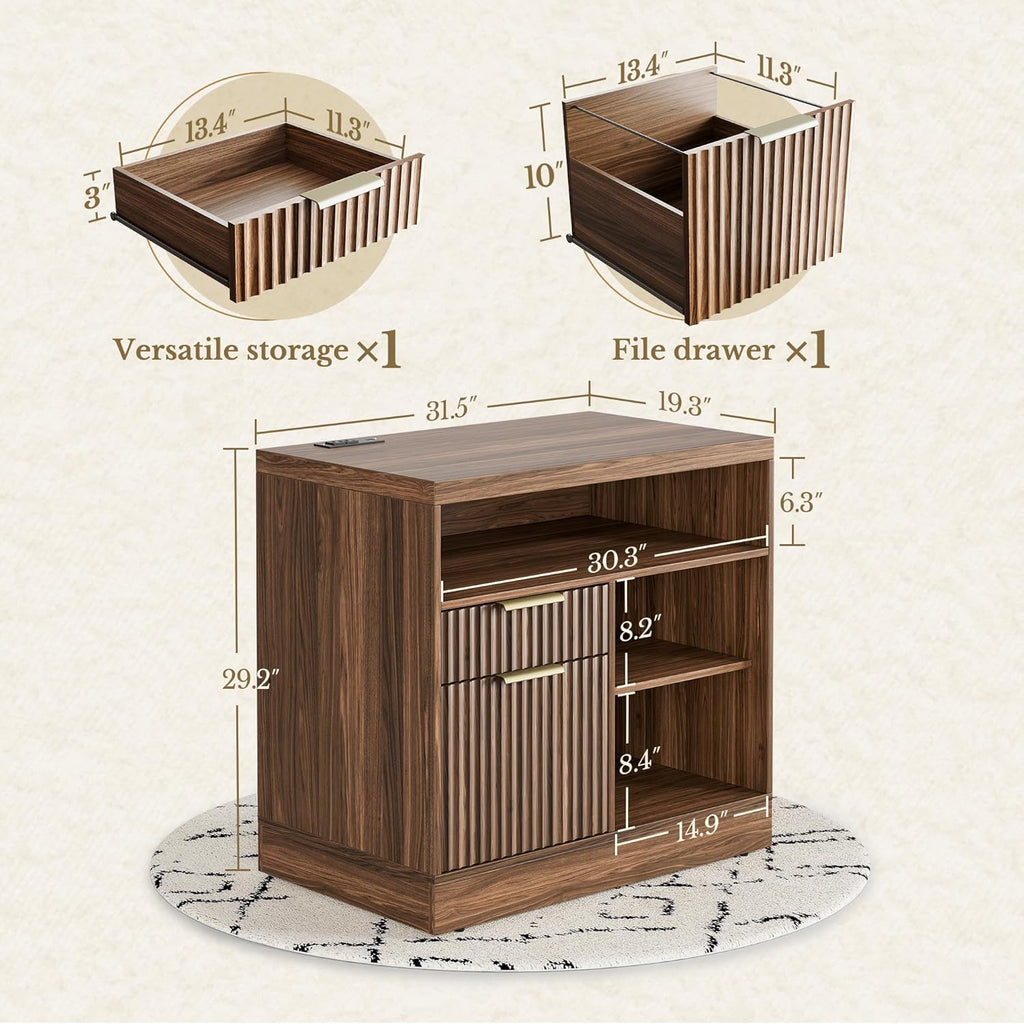 2 Drawer File Cabinet with Lock, Filing Cabinet | Wood Fluted Lateral File Cabinet for Letter/A4 Size, Print Stand
