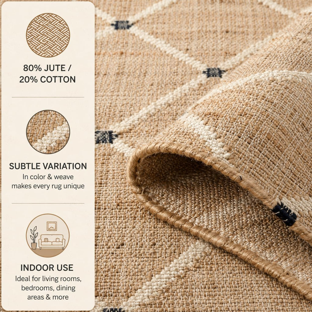 Hand Woven Jute Area Rug 8'x10'- Geometric Design (Natural) | Indoor Natural Fiber Hallway Jute Rug - Rustic