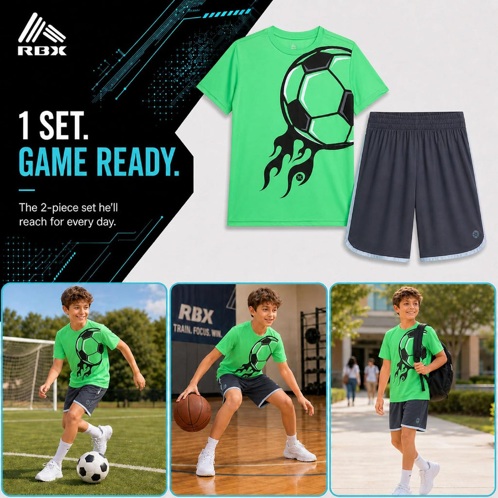 Boys 2 Piece Graphic Tees & Mesh Gym Shorts Set, Elastic Waistband