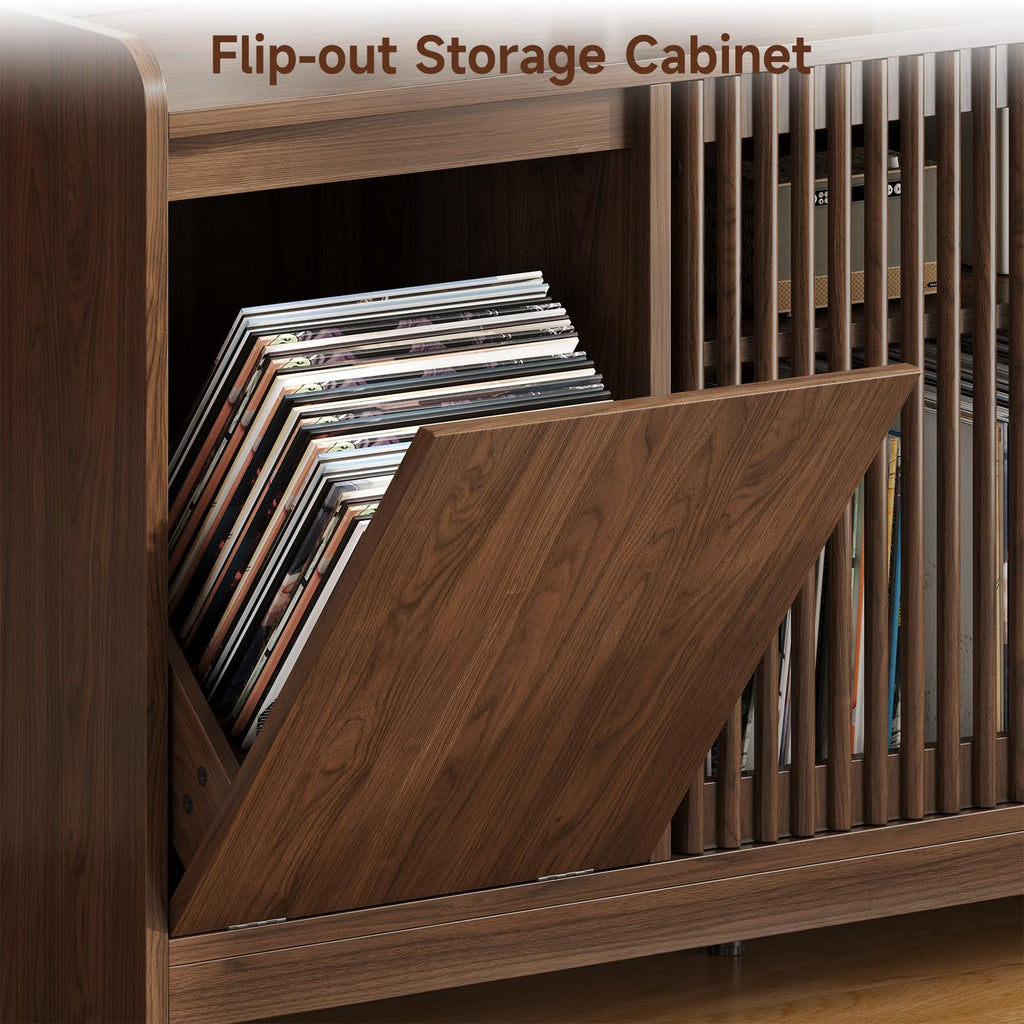 48" Record Player Stand w/Flip-Out Storage Cabinet, Sliding Door