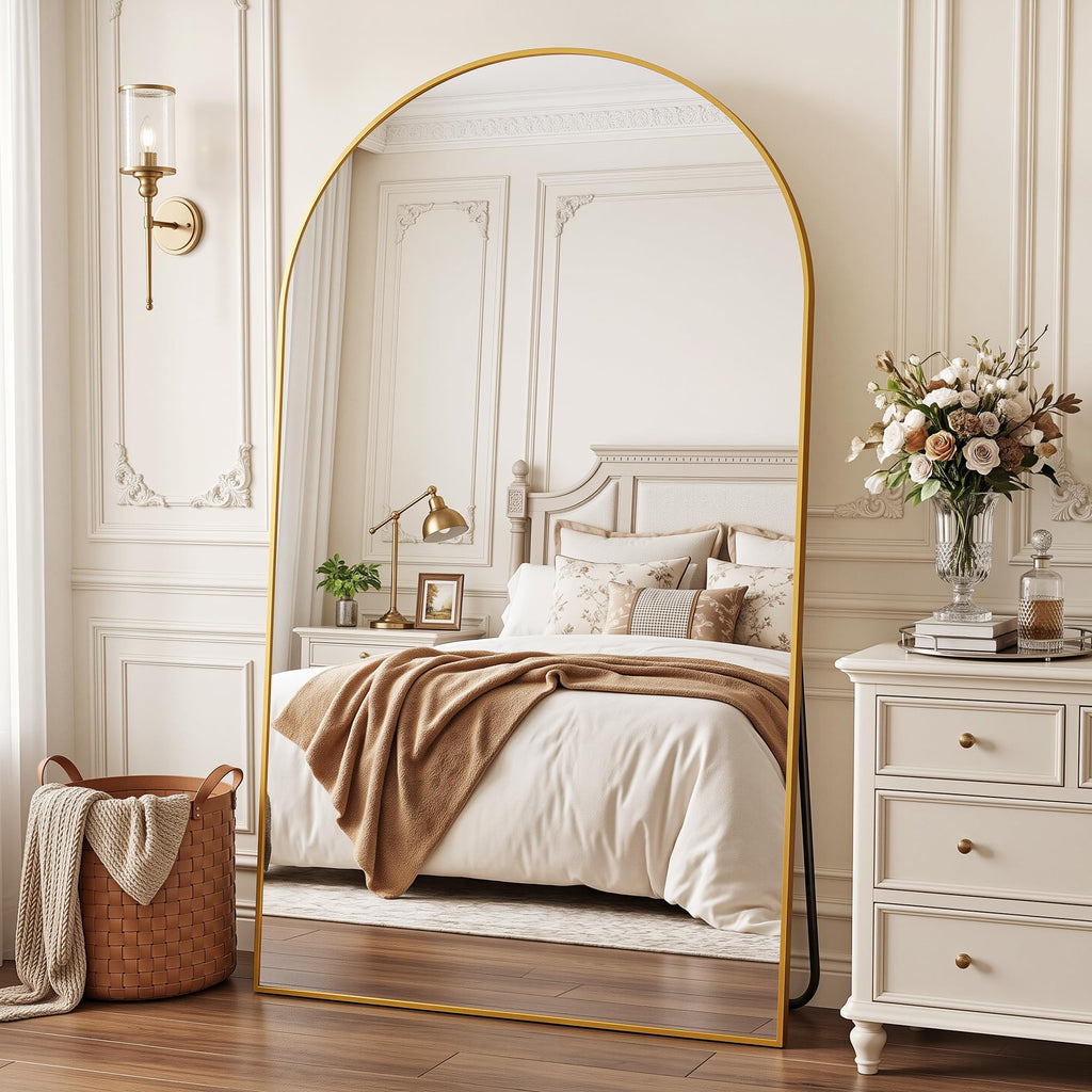 72" x 44" Arched Full Length Floor Mirror, Aluminum Frame, Gold