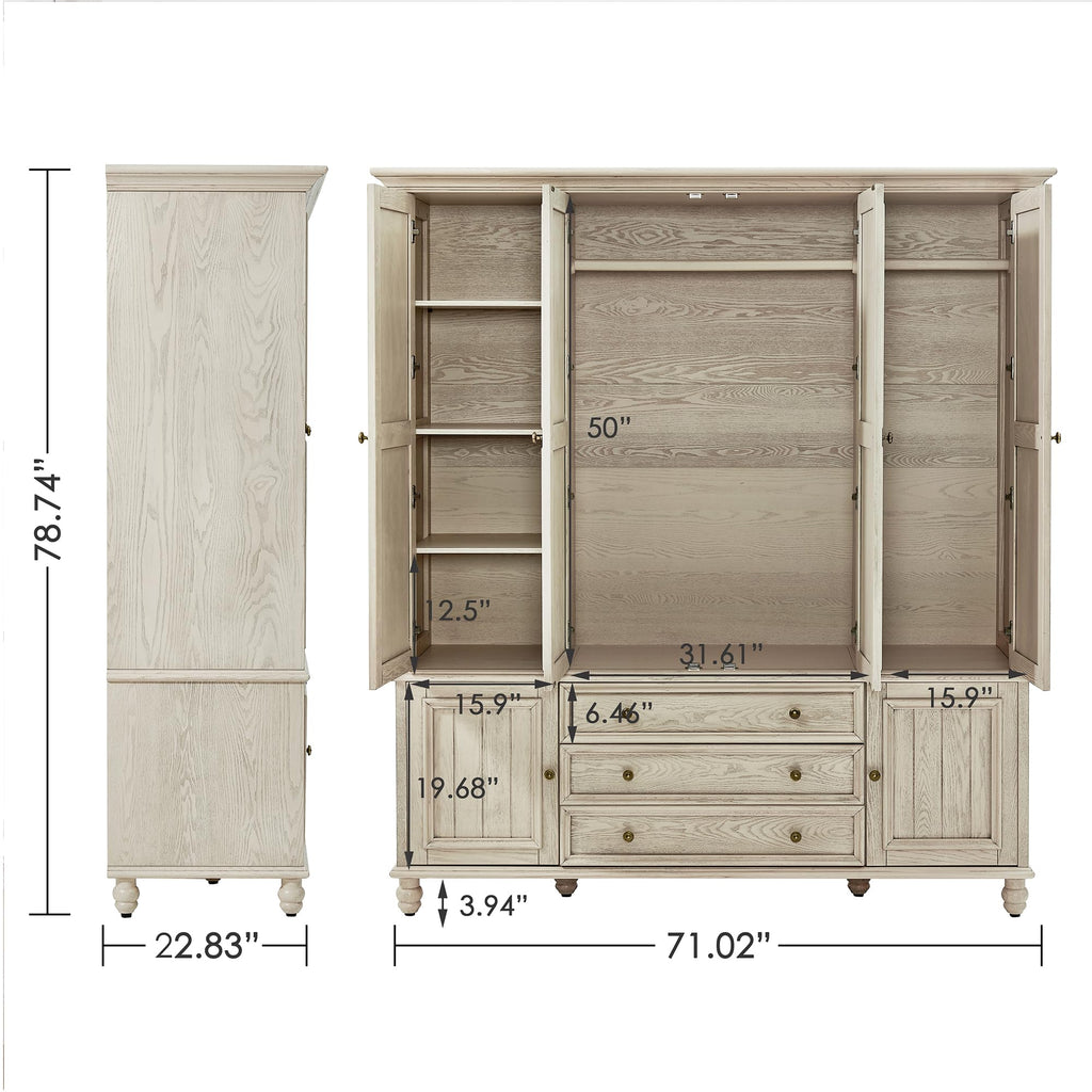 4 Door Solid Wood Armoire Wardrobe Closet with Drawers, White