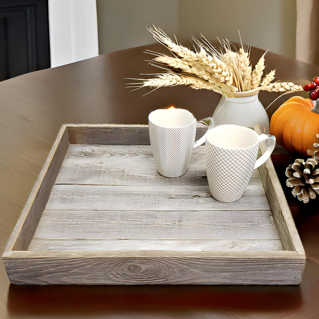 Farmhouse Rustic Weathered Reclaimed Wood 18 x 18 Inch Square Ottoman Tray for Coffee Table or Kitchen Counter Decor