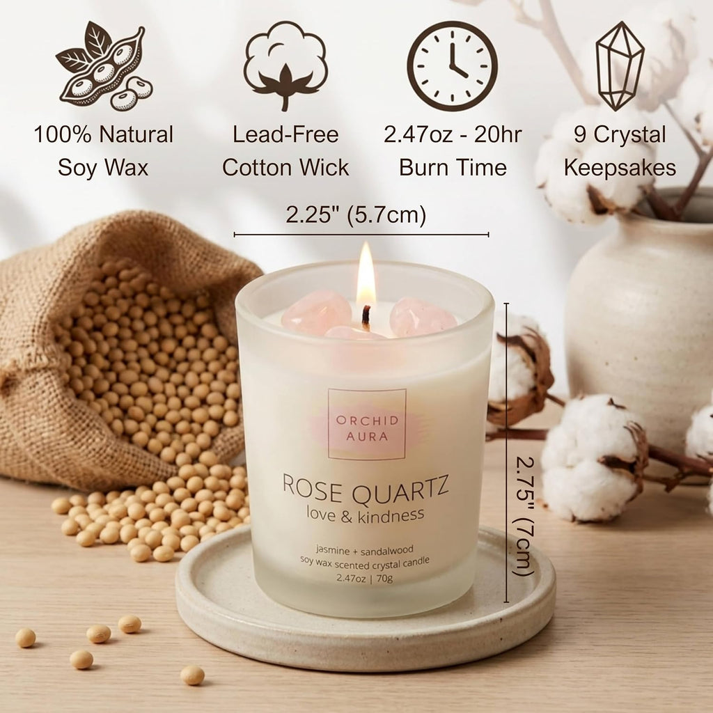 Soy Candles with Healing Crystals. Citrine, Rose Quartz, Amethyst Crystal. - Set of 3