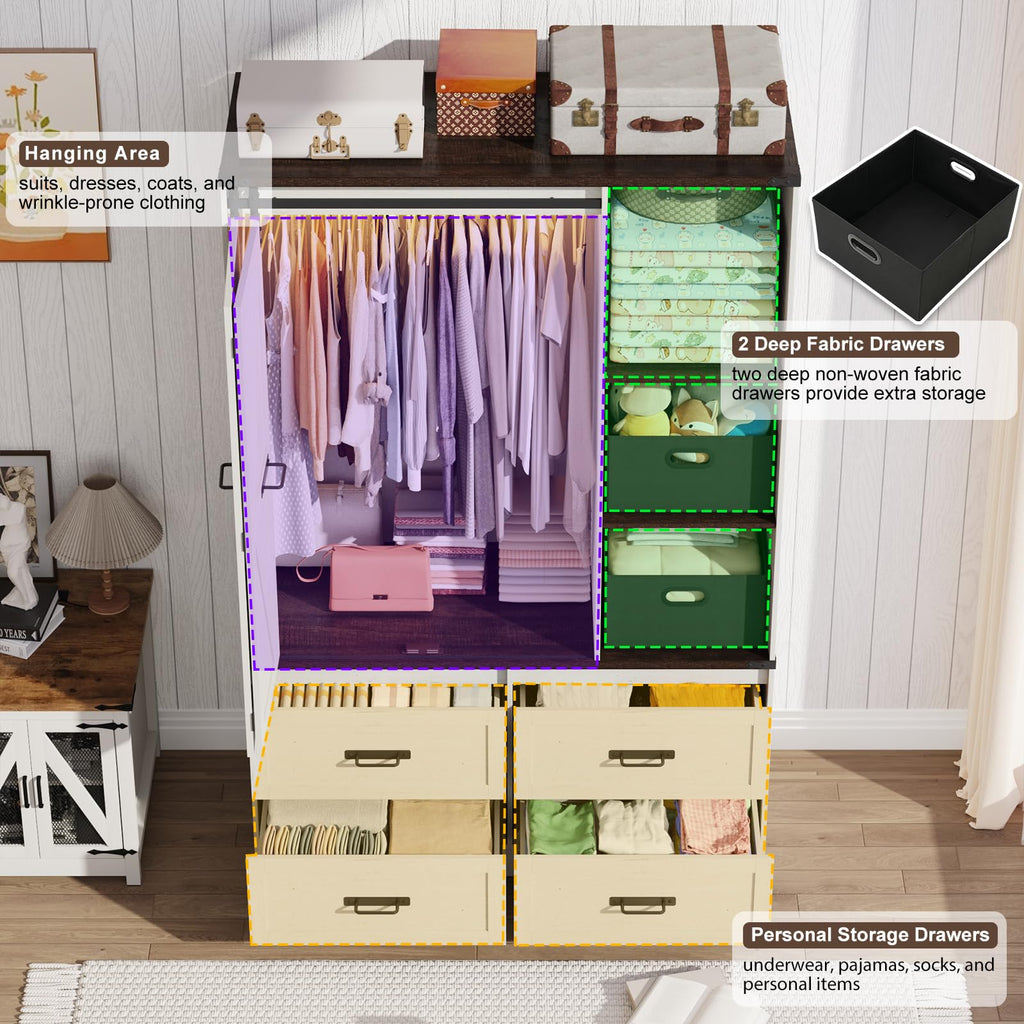 Farmhouse 3 Doors Armoire Wardrobe Closet w/Folding Sliding Barn Door and Lights, LED Armoire Closet w/Drawers