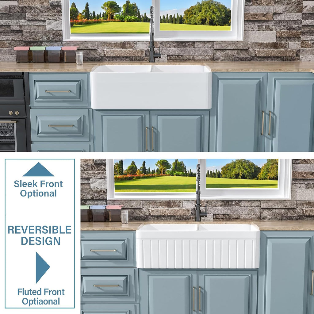 33" x 18" Farmhouse Sink Double Bowl White Fireclay Kitchen Sink | Fireclay dual bowl 50/50 , Undermount farm style