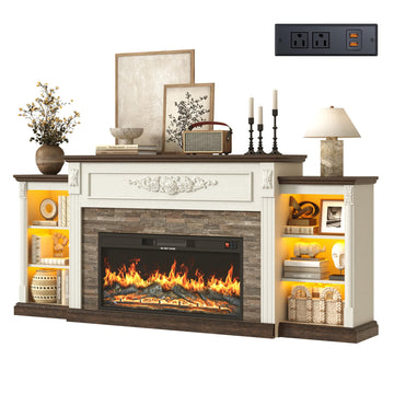 Farmhouse Fireplace with Mantel, 85" W 37.6" H TV Stand for 95" TV, White
