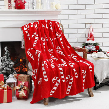 Christmas Candy Cane Knit Throw Blanket, 50 x 60 Inch Peppermint Red and White Xmas Reversible Knitted Throw Blanket