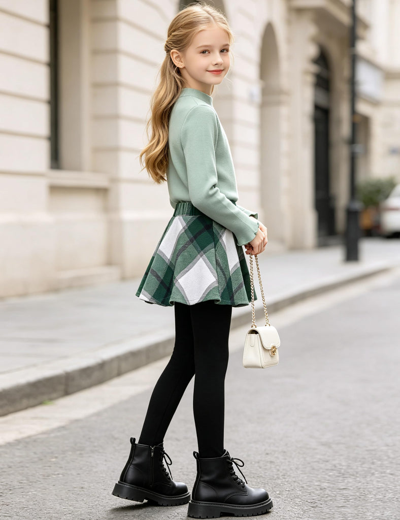 Toddler Girls Clothes Girls Clothes Long Sleeve Crew Neck Knit Shirts and Green White Plaid Skirt Leggings