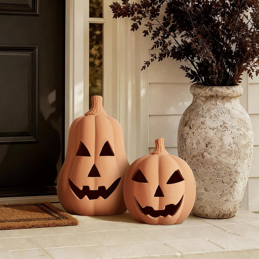 Halloween Decorations Handmade Terracotta Jack O' Lanterns - Set of 2