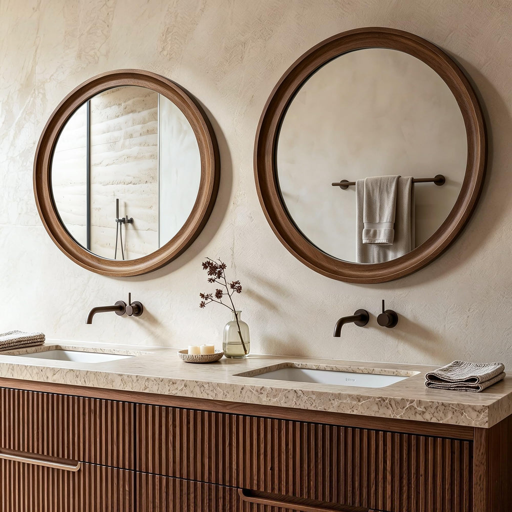 Round Wood Mirror, 26" Circle Mirror with Wooden Frame, Walnut Brown