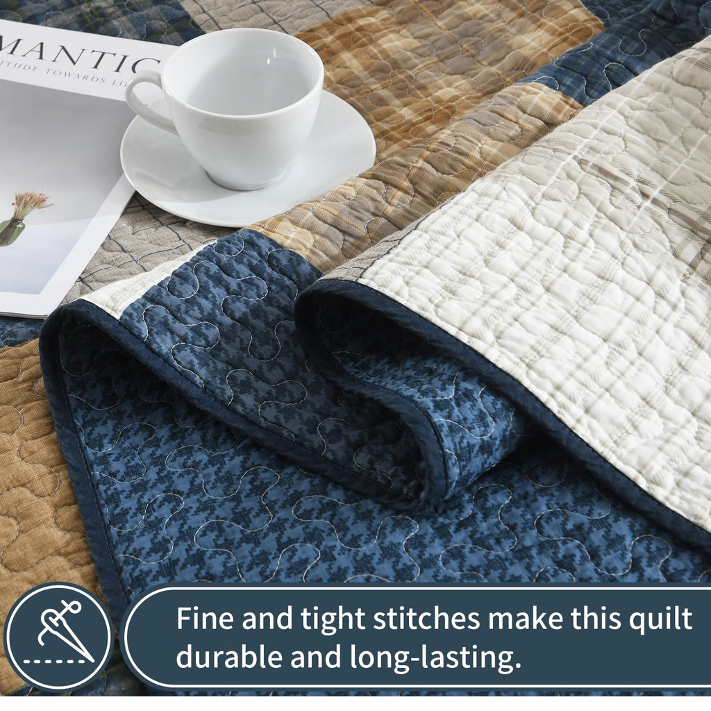 100% Cotton Quilt Set, Rustic Farmhouse Plaid, Blue/Khaki