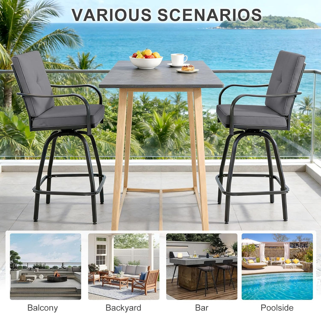 Outdoor Swivel Bar Stools Set of 4, Patio Bar Height Swivel Stools with Cushions Balcony Backyard, Grey