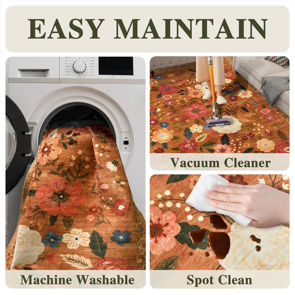 Washable Runner Rug Orange Boho Floral Kitchen Bedroom