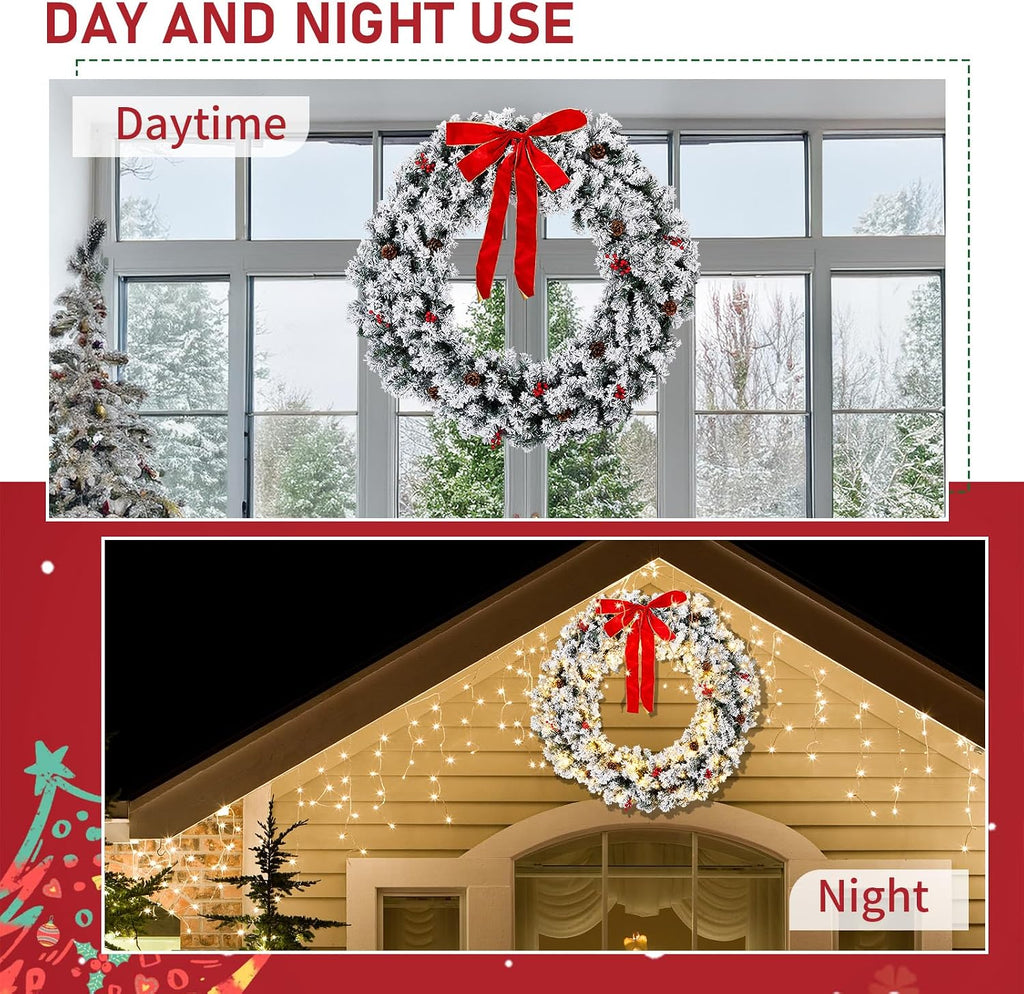 48 in Snow Flocked Christmas Wreath, 150 Warm White Lights