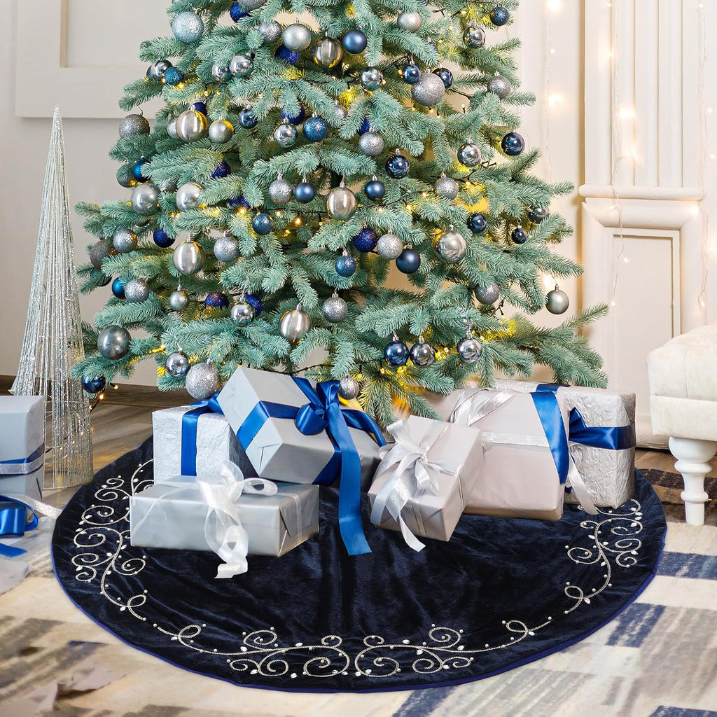 60inch Extra Large Christmas Tree Skirt Navy Blue Luxury Velvet Plush Fur Skirts Baroque Tree Skirts with Gold