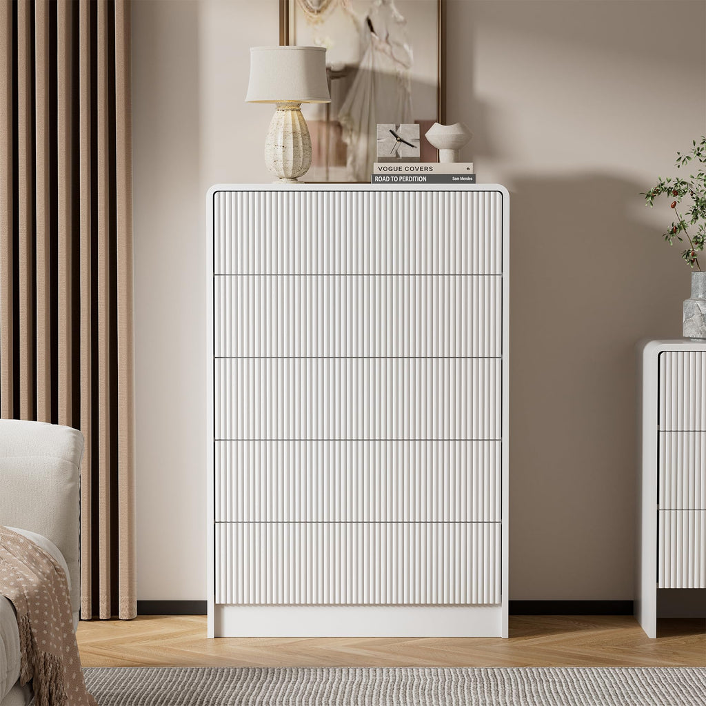 White 5 Drawer, Curved Tall with Push-to-Open Design, Chest of Drawers, 15.7"D x 32"W x 47.2"H