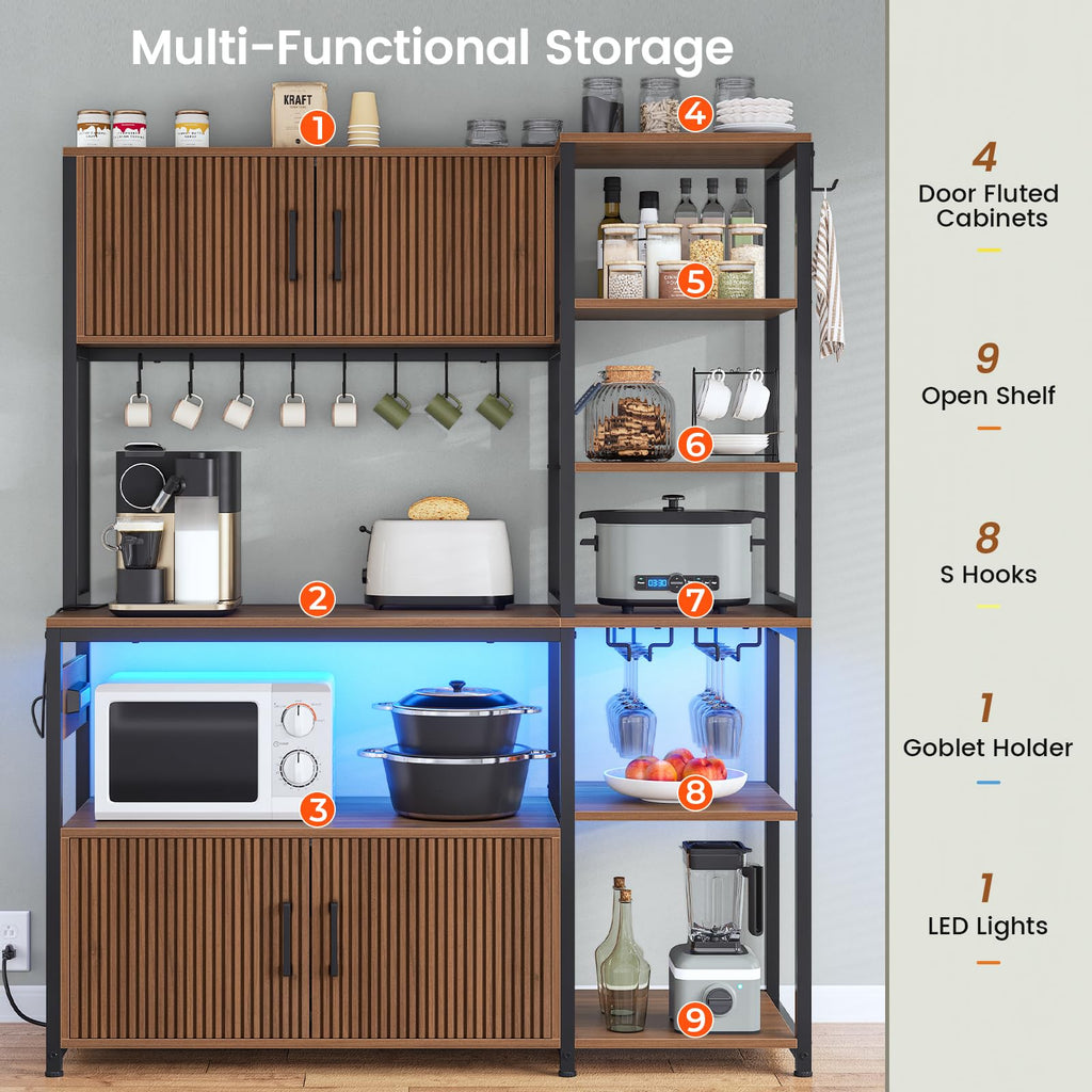 Fluted Bakers Rack with Storage and LED Light, 45.3 Inch Coffee Bar Cabinet, Microwave Stand with Storage, Goblet