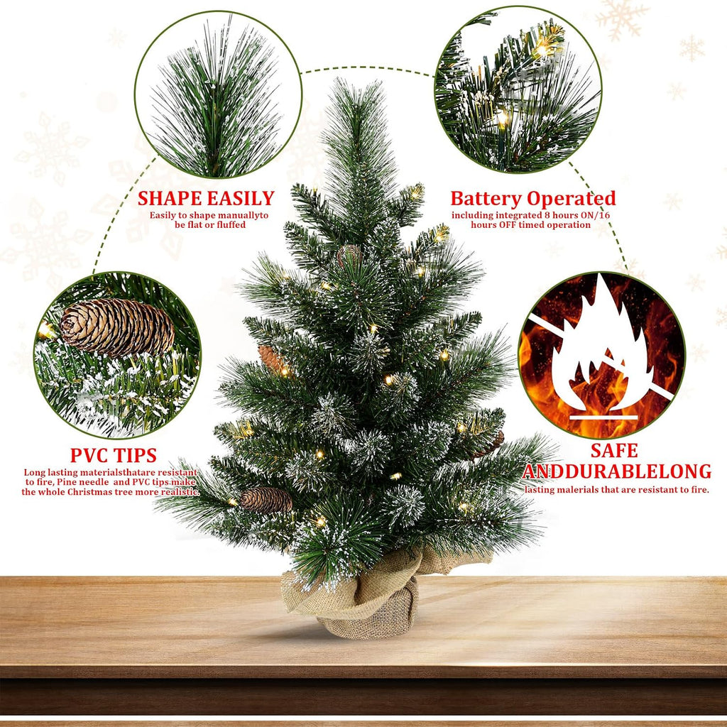 30 Led Warm Lights Pre-Lit Artificial Mini Christmas Tree, 2ft Snow Tipped Pine Artificial Christmas Tree,Seasonal