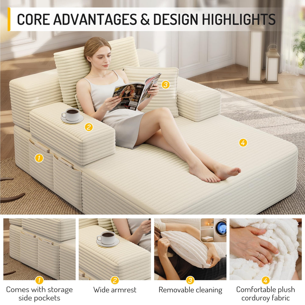48.5'' Oversized Chaise Lounge Indoor, Corduroy Boneless Couch, Beige