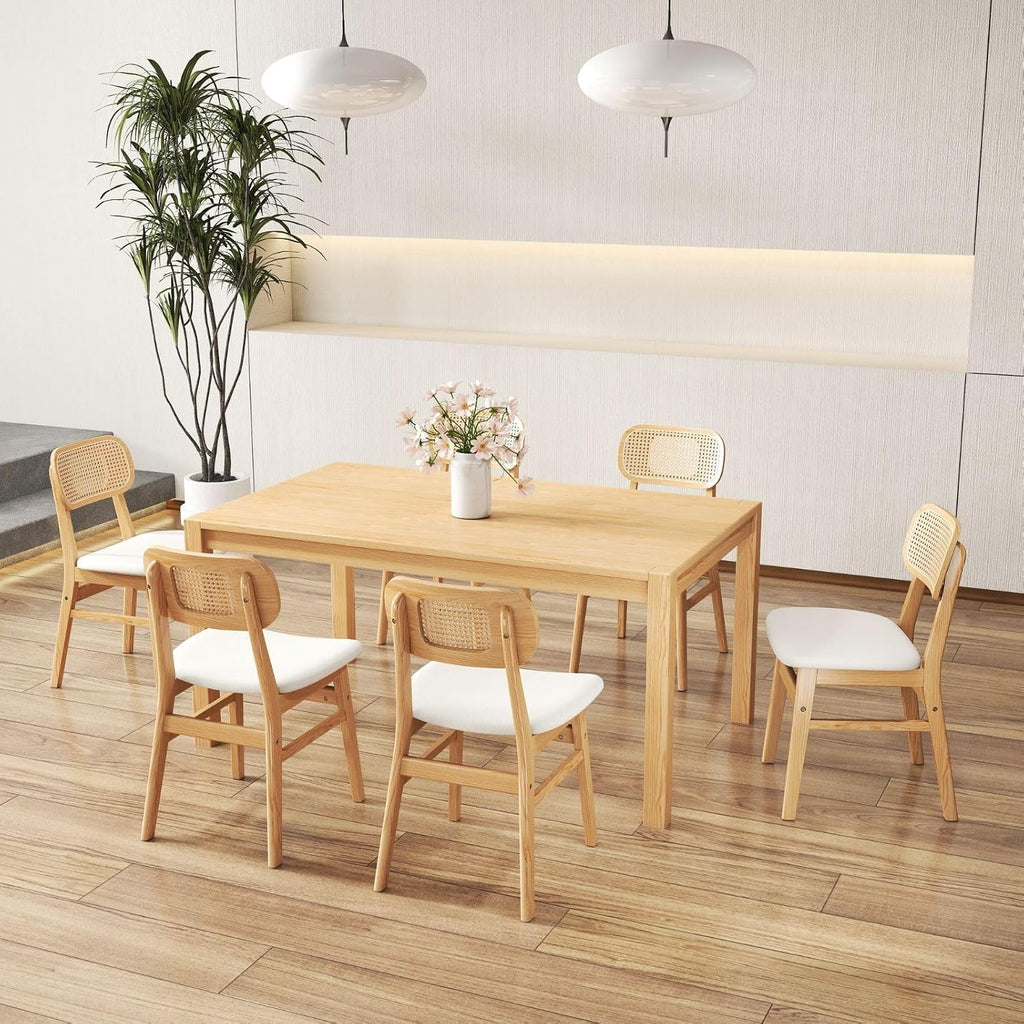Rattan Dining Chairs Set of 4 Beige Linen Fabric Dining Room Chairs Natural Wooden Kitchen Chairs Farmhouse Boho