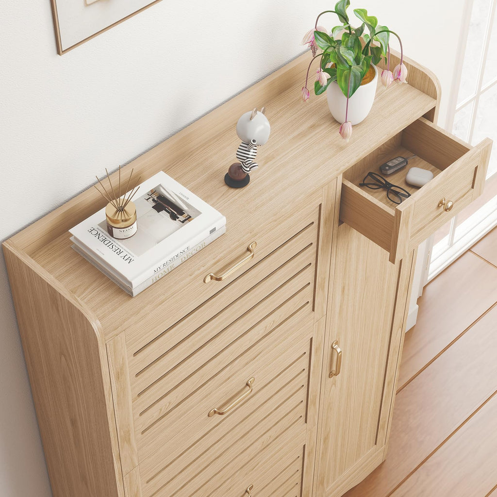 Boho Narrow Shoe Cabinet Storage, Natural Oak Hidden Shoe Rack