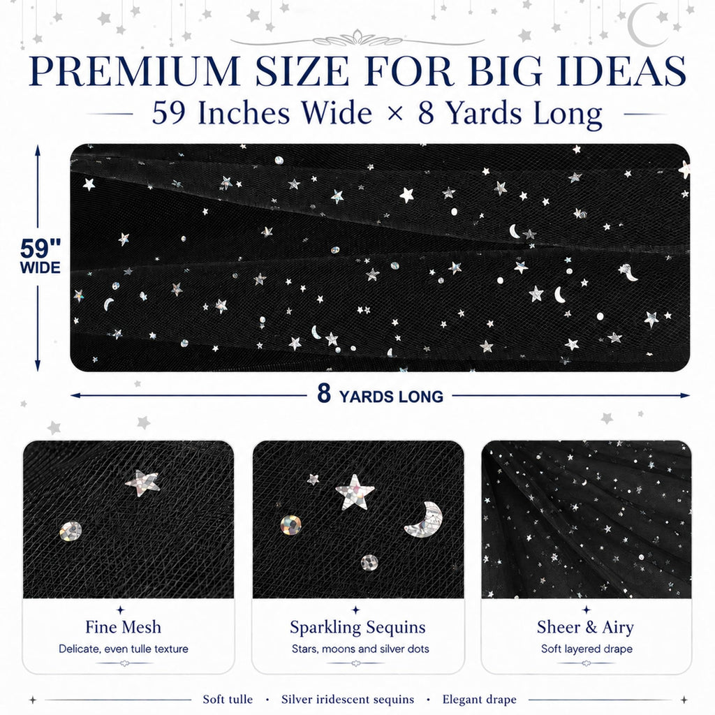 59 Inch x 8 Yard Silver Stars and Moon Tulle Fabric Black