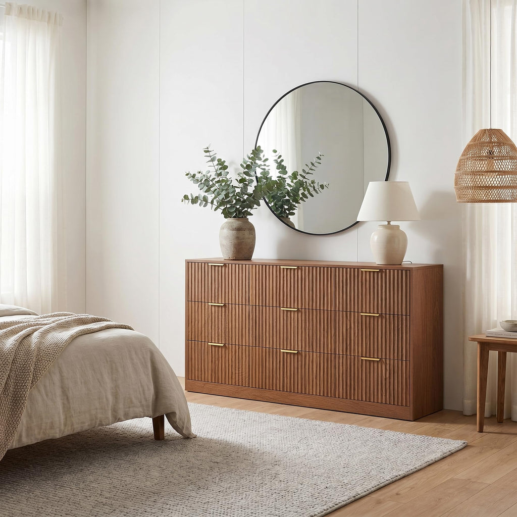 9 Drawer Dresser, 63" Wide Modern Fluted Chest of Drawers, Wooden Dresser with Gold Metal Handles, Mid Century Large