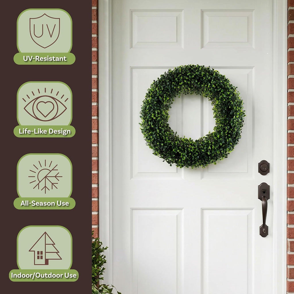 Round Boxwood Wreath for Front Door, Green, 19.5" x 2.5"