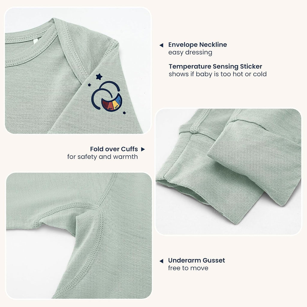 Long Sleeve Baby Bodysuit - Merino Wool &Rayon Made From Bamboo Material, with SnoozySea Hook-and-Loop Closure