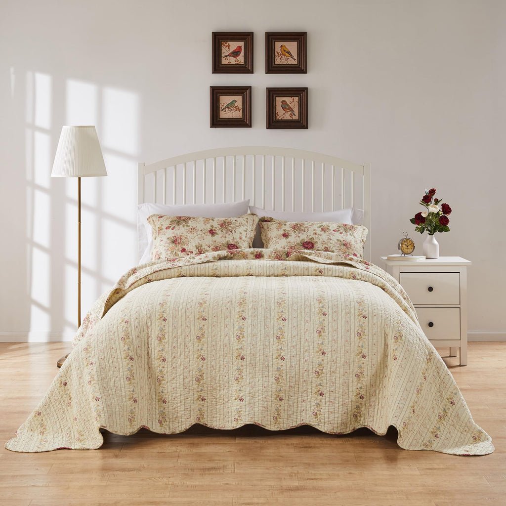 Antique Rose Jumbo Oversized 100% Cotton Bedding Set, Bedspread 110 W x 118 L with 2 Shams 20 W x 26 L Each
