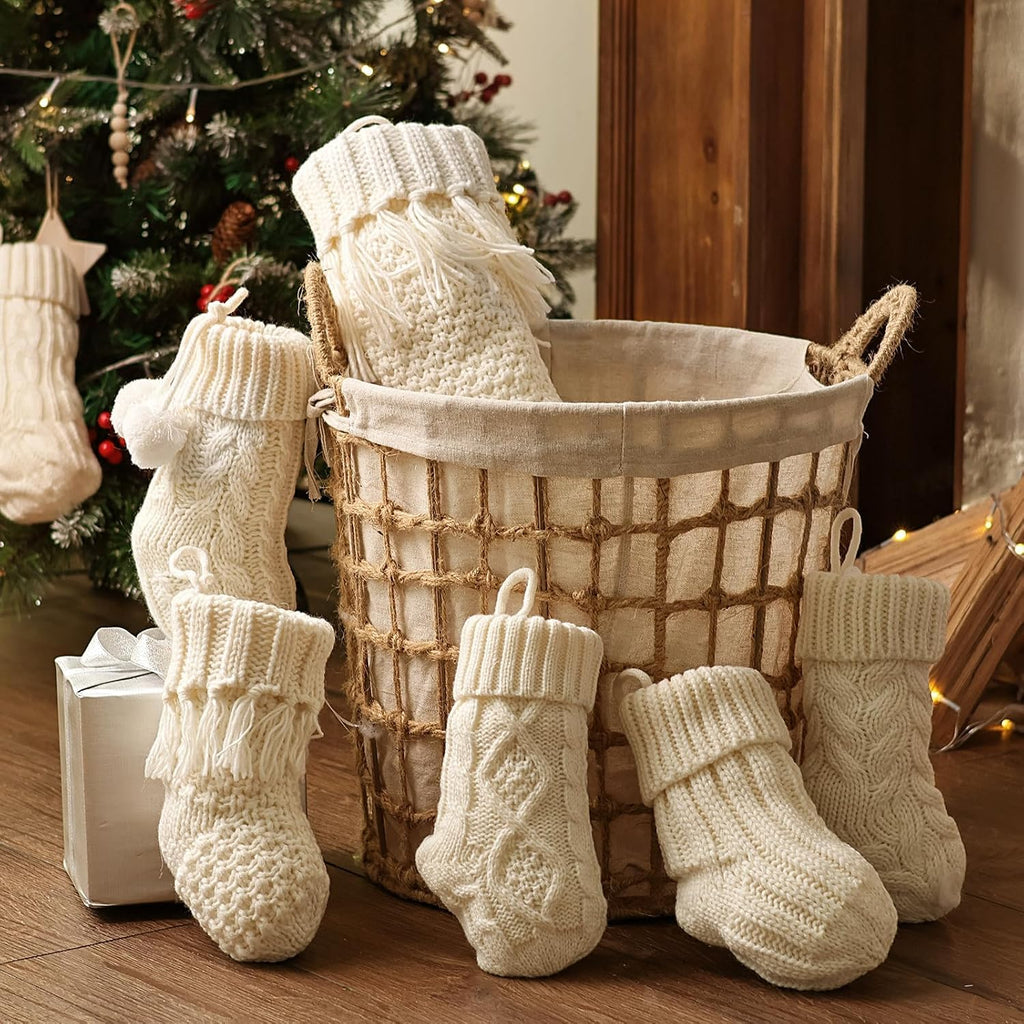 Rustic Mini Knitted Christmas Stockings: 6 Pack 9 Inch Beige Cable Knit Fireplace Stockings, Farmhouse Boho Style - Set of 6