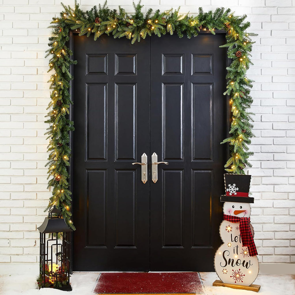 For Mantle, Prelit Greenery Garland Pine Cone Christmas Garland with Warm White LED Lights and Timer for Fireplace