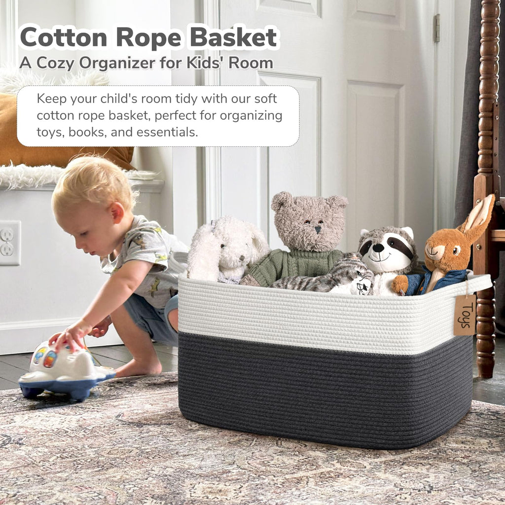 75L Extra Large Woven Rope Blanket Basket, Rectangle, Dark Gray