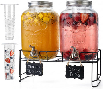 Gallon Glass Drinks For Parties With Stand.Stainless Steel Spigots & Metal Stand,Large Capacity Beverage Dispenser - Set of 2