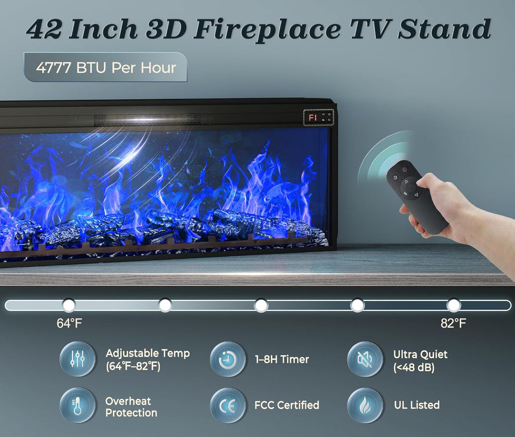 70 Inch Fireplace TV Stand for 75 Inch TV, Farmhouse Modern Entertainment Center with 42" Fireplace, Fluted Design