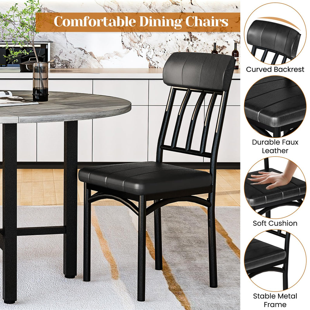 Round Dining Table Set for 4, Wood Table, with 4 Leather Chair, Grey
