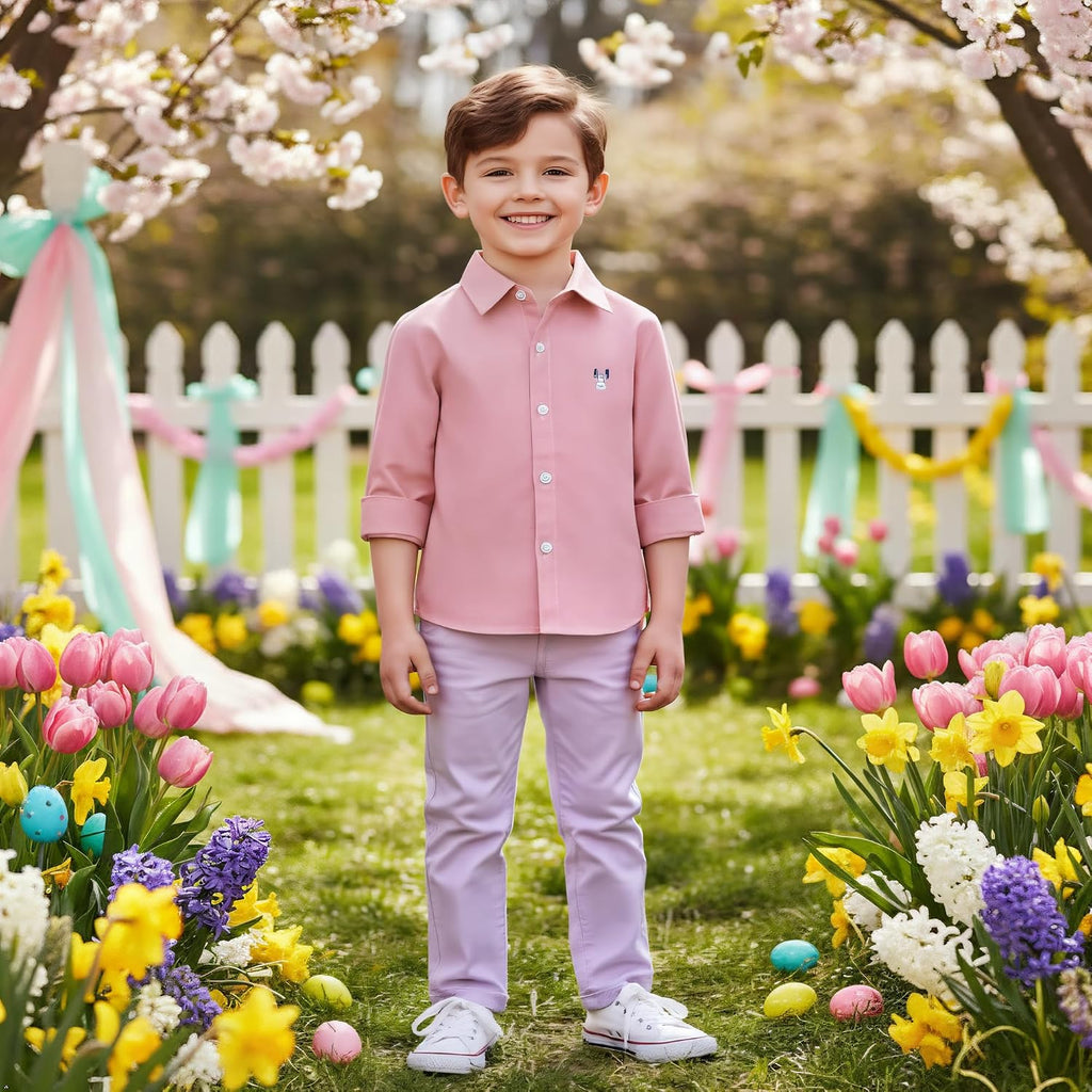 Boys' Long Sleeve Button Down Cute Rabbit Casual Dress Easter Shirt