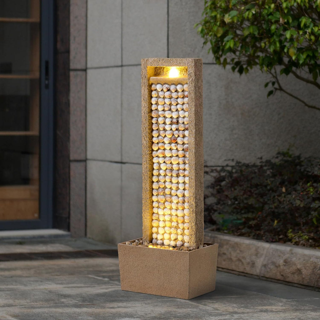 Coastal Seashells Design Outdoor Water Fountain - Warm Glow Lighting with Steady Flow & Electric Pump, Brown