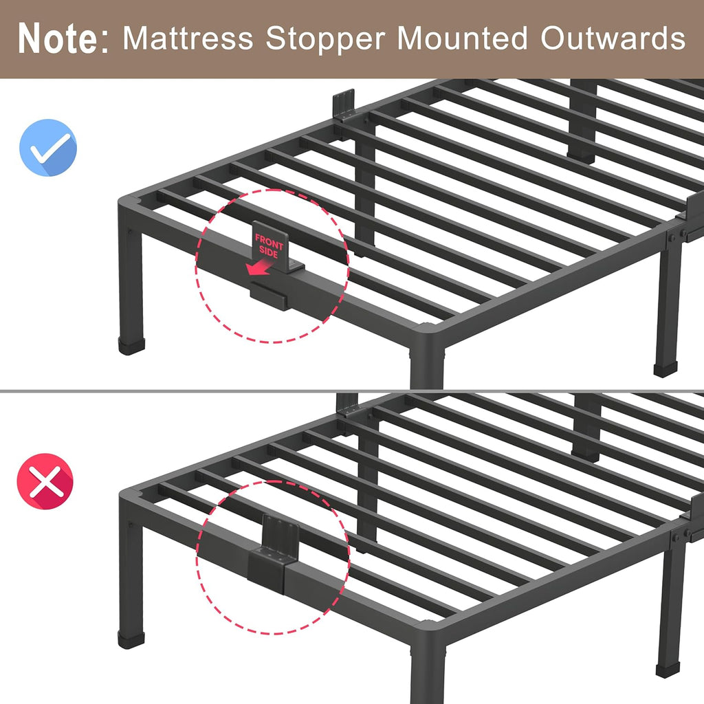 14 inch Metal Queen Bed Frame with Rounded Corner and Headboard Hole Mattress Retainers 3500LBS Heavy Duty Steel Slats