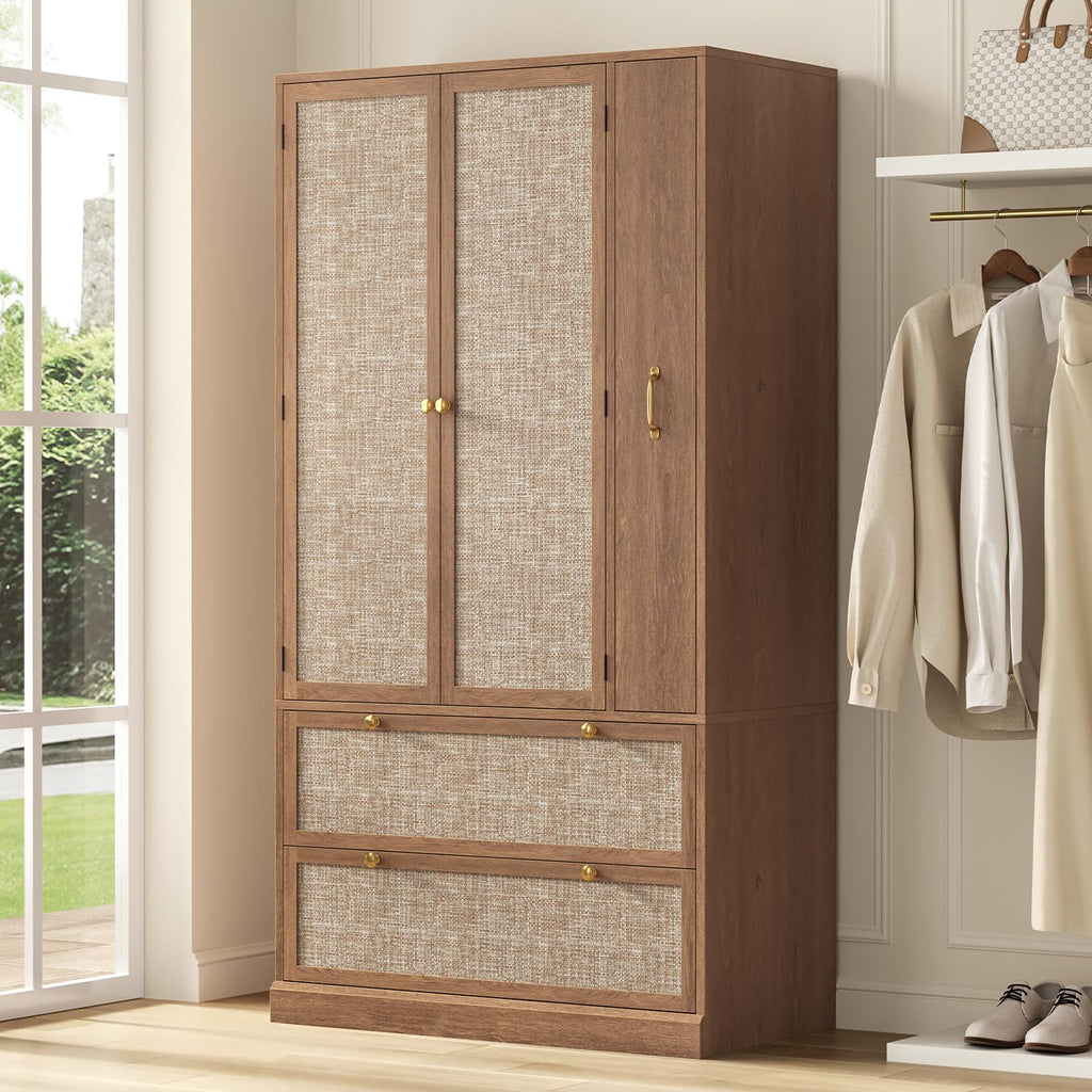 Rattan Wooden Armoire Wardrobe Closet with Pull-Out Side Storage